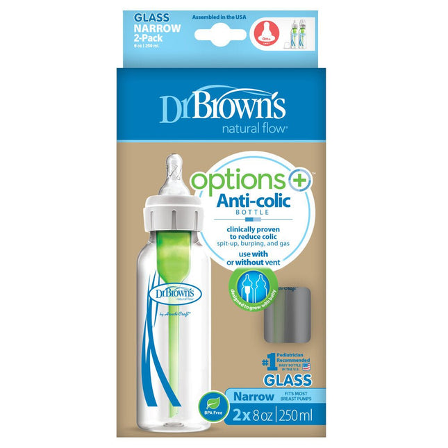 Dr. Brown's Options+ Anti - colic Bottle 2 - packstandaard halsfles 250ml glas - Dr. Brown's - Babywinkel - 072239321355