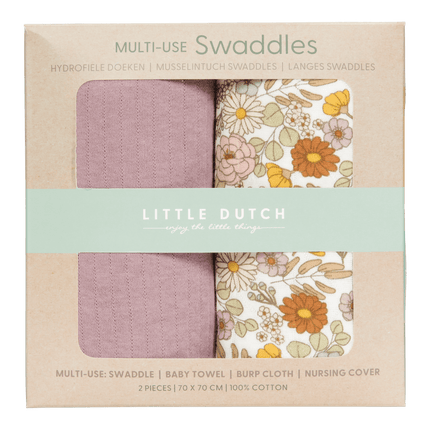 Little Dutch Hydrofiele Doek Vintage Little Flowers Pure Mauve 70x70cm - Little Dutch - Babywinkel - 8718734810254