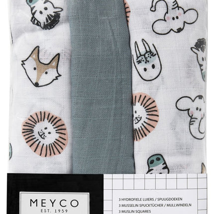 Meyco Hydrofiele Doek 3St Animal/Uni Stone Green/Animal - Meyco - Babywinkel - 4054703452198
