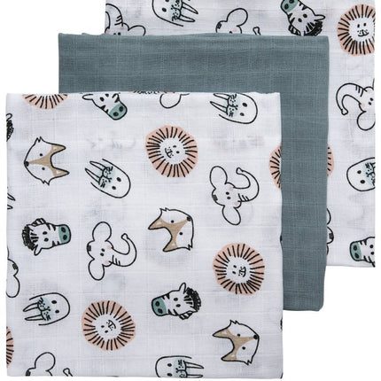 Meyco Hydrofiele Doek 3St Animal/Uni Stone Green/Animal - Meyco - Babywinkel - 4054703452198