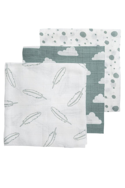 Meyco Hydrofiele Doek 3St Feathers - Clouds - Dots Stone Green/Wit 100% katoen - Meyco - Babywinkel - 4054703452037