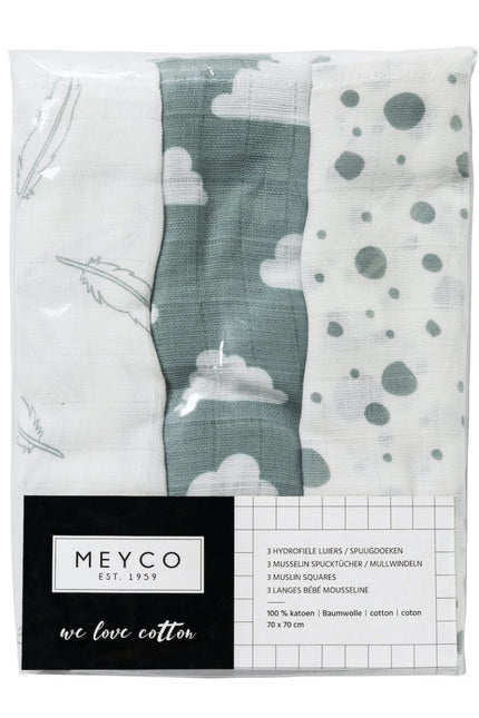 Meyco Hydrofiele Doek 3St Feathers - Clouds - Dots Stone Green/Wit 100% katoen - Meyco - Babywinkel - 4054703452037