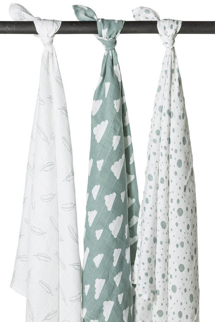 Meyco Hydrofiele Doek 3St Feathers - Clouds - Dots Stone Green/Wit - Meyco - Babywinkel - 4054703001303