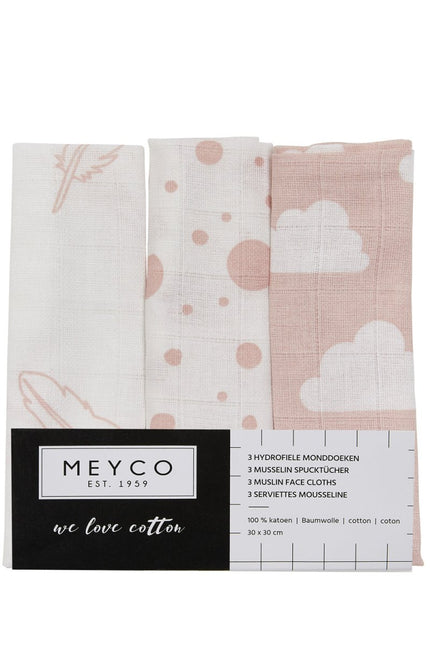 Meyco Monddoekje 3St Feathers - Clouds - Dots Roze/Wit - Meyco - Babywinkel - 4054703457247