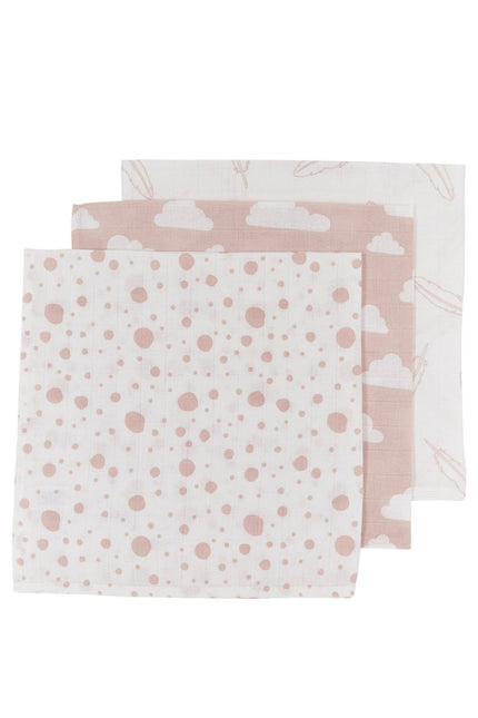 Meyco Monddoekje 3St Feathers - Clouds - Dots Roze/Wit - Meyco - Babywinkel - 4054703457247