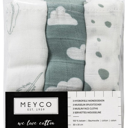 Meyco Monddoekje Clouds/Dots/Feathers Stone Green 3St - Meyco - Babywinkel - 4054703457032