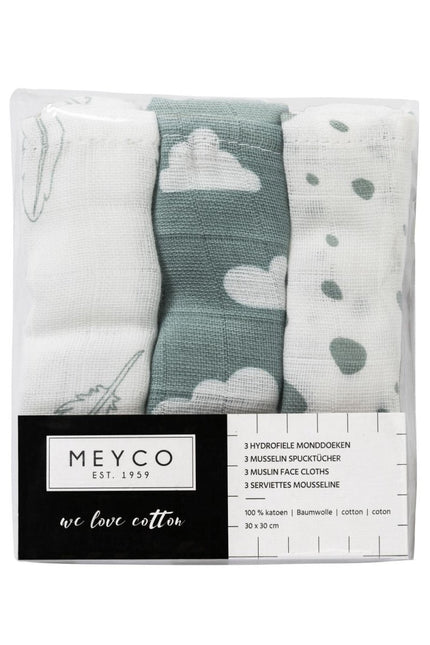 Meyco Monddoekje Clouds/Dots/Feathers Stone Green 3St - Meyco - Babywinkel - 4054703457032