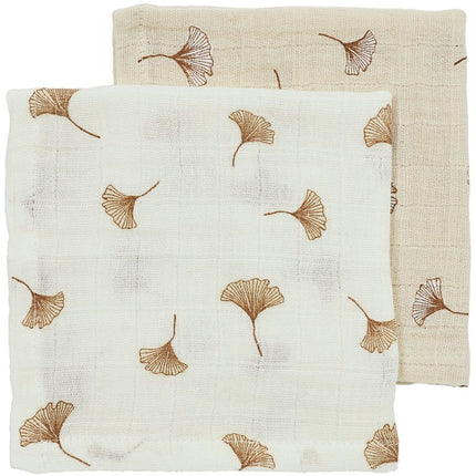 Monddoekjes 2 - pack pre - washed hydrofiel Ginkgo - offwhite/soft sand - 30x30cm - Babywinkel - 4054703529029