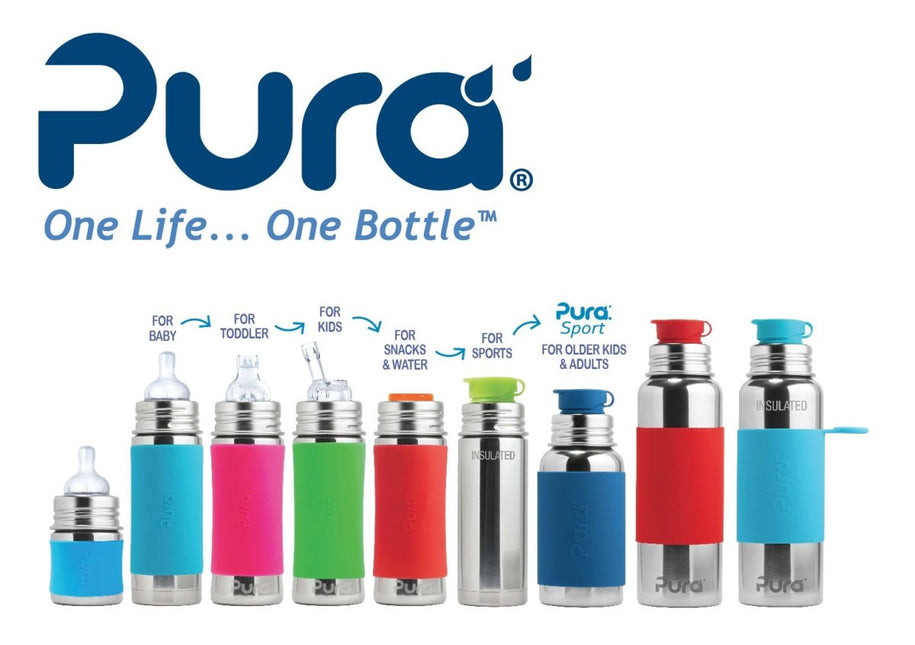 Pura Babyfles Rietje Rvs 325Ml Set Aqua Swirl 4 delig - Pura - Babywinkel - 853766006744