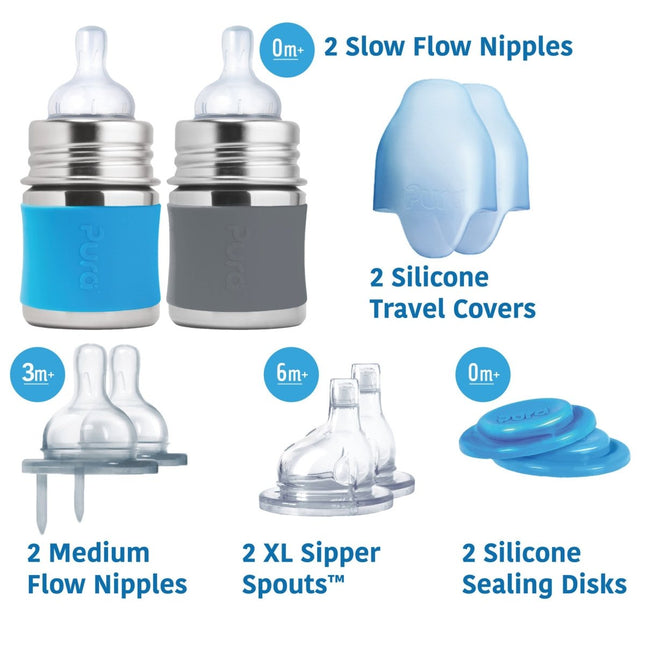Pura Babyfles Staterset 150Ml Aqua/Grijs 12 delig - Pura - Babywinkel - 858312007404