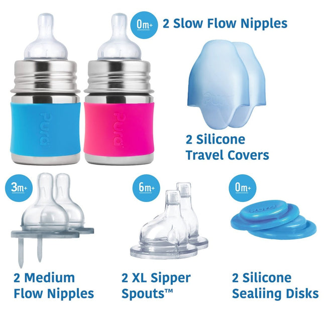 Pura Babyfles Staterset 150Ml Aqua/Roze 12 delig - Pura - Babywinkel - 858312007145