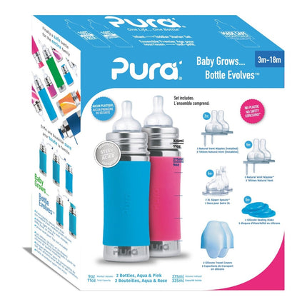 Pura Babyfles Staterset 325Ml Aqua/Roze 12 delig - Pura - Babywinkel - 858312007121