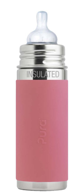 Pura Thermosfles Rvs Speenfles 260Ml Silicone Speen Medium Flow + Silicone Reisdop + Rose Sleeve - Pura - Babywinkel - 858312007671
