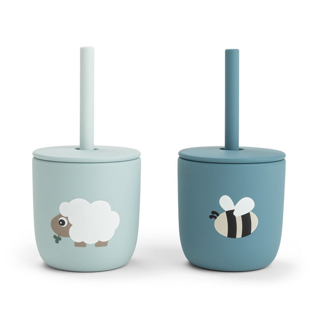 Siliconen drinkbeker met rietje, 2 - pack Tiny farm Blue koop je bij Babywinkel